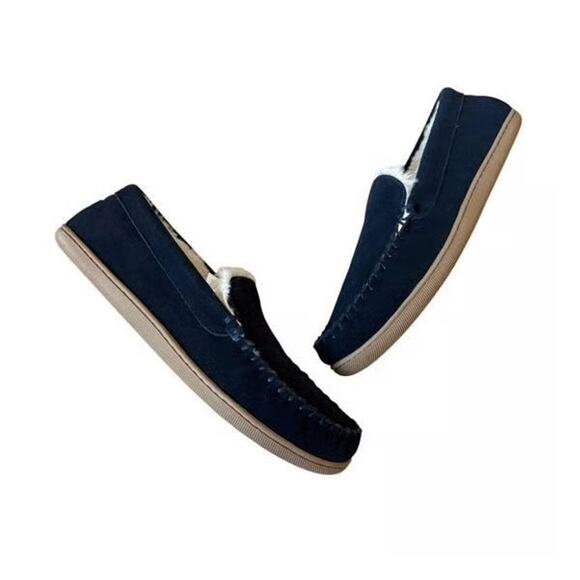 J Crew Slippers Mens 10 Navy Blue Suede Faux Shearling Moccasins Shoes - Picture 1 of 7